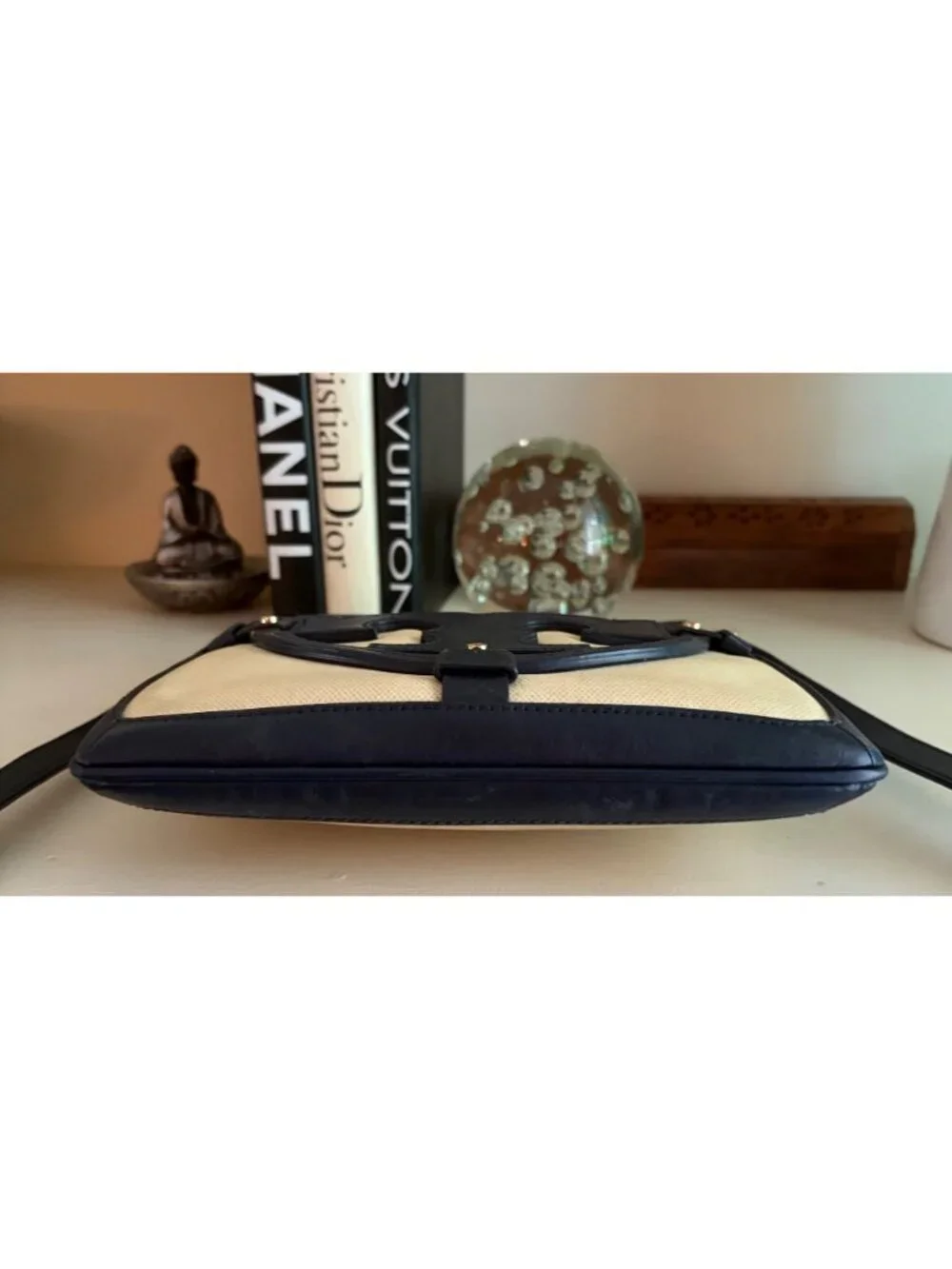 Tory Burch Holly Navy Leather and Canvas Crossbody Shoulder Bag